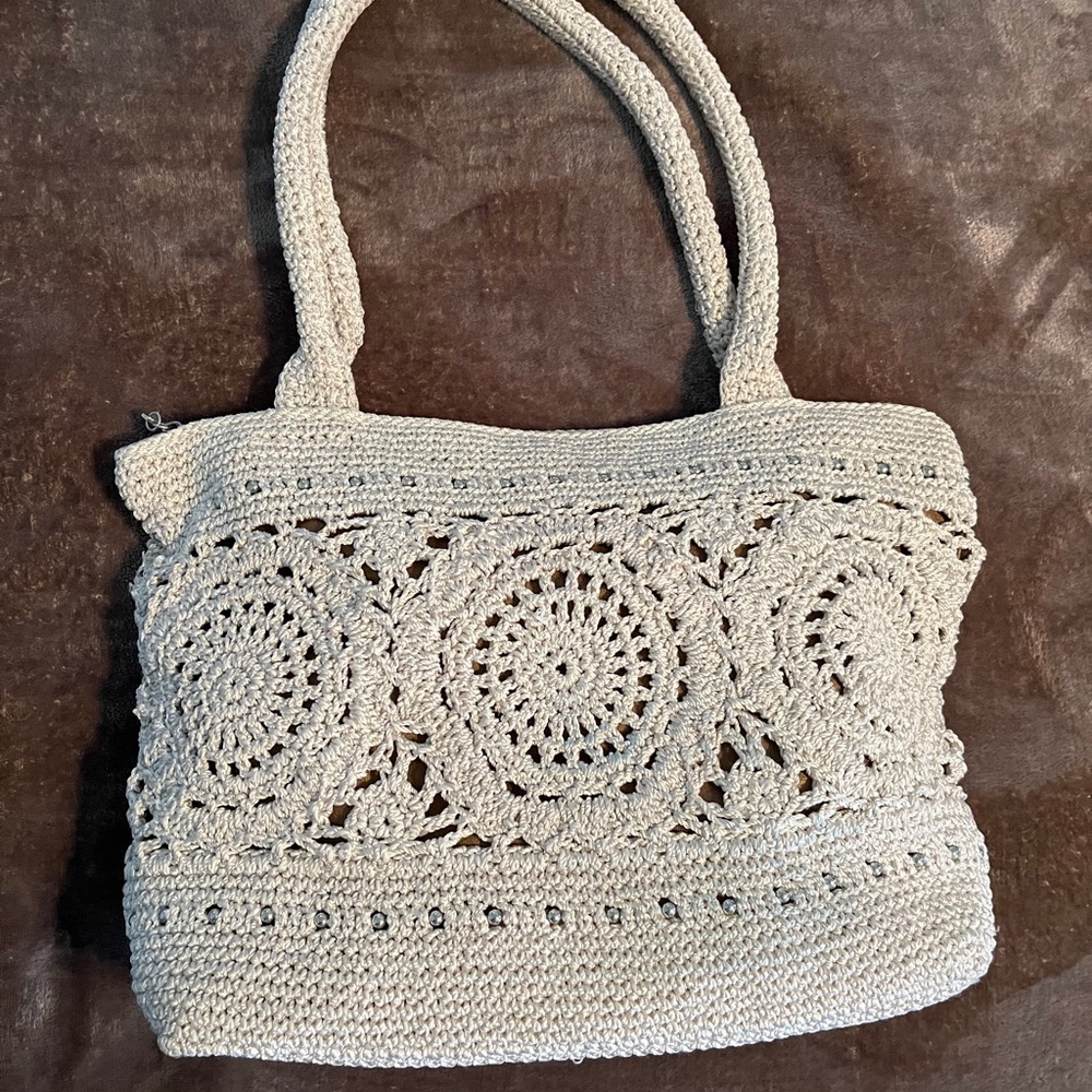 The Sak Cream Crochet Tote Bag with Woven Handles and Textured Border